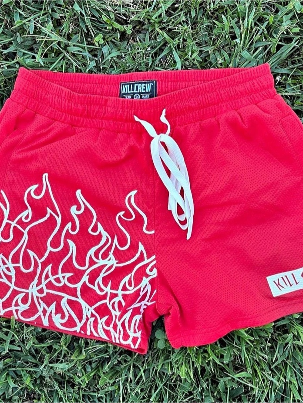 Kill Crew Muay Thai Flame Shorts (Mid Thigh Cut) - Red / White Flame Athletic